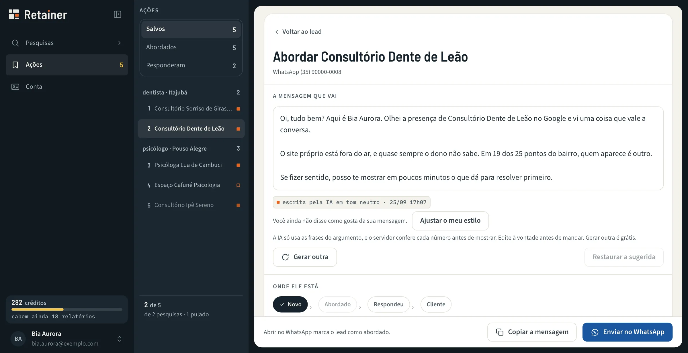 A abordagem com a mensagem escrita pela IA e o botão de abrir no WhatsApp